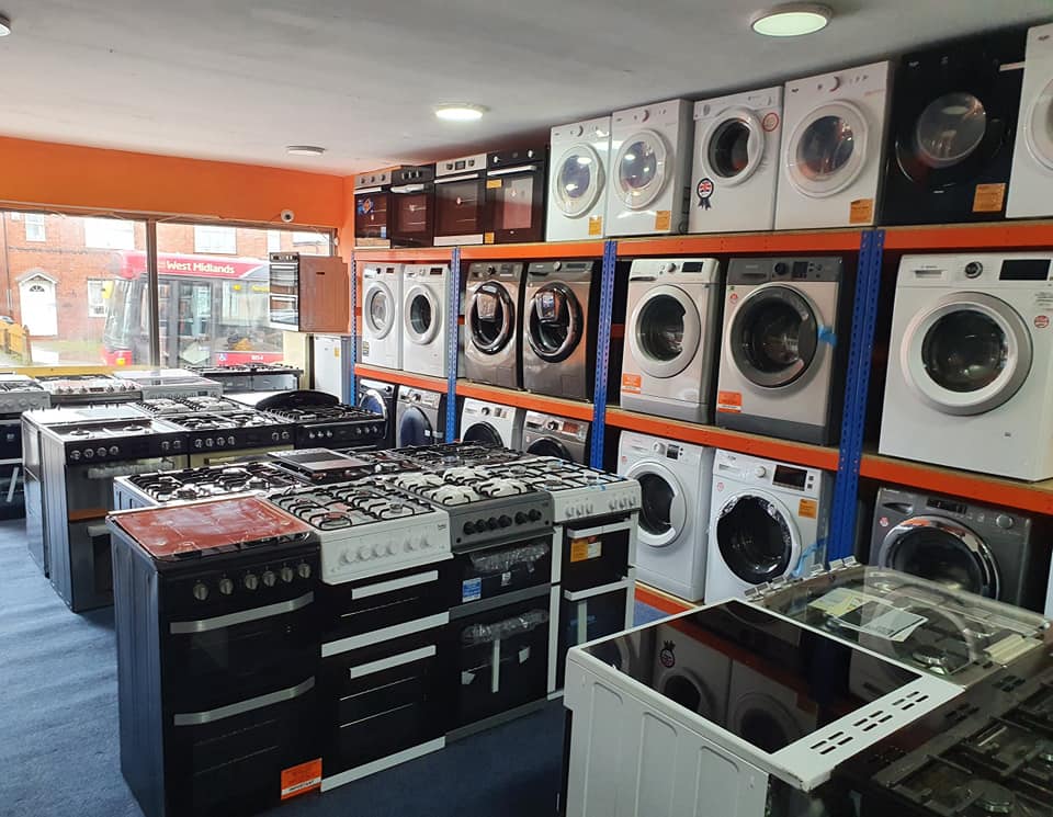 Washing machines, fridge freezers, and tumble dryers on display in our showroom